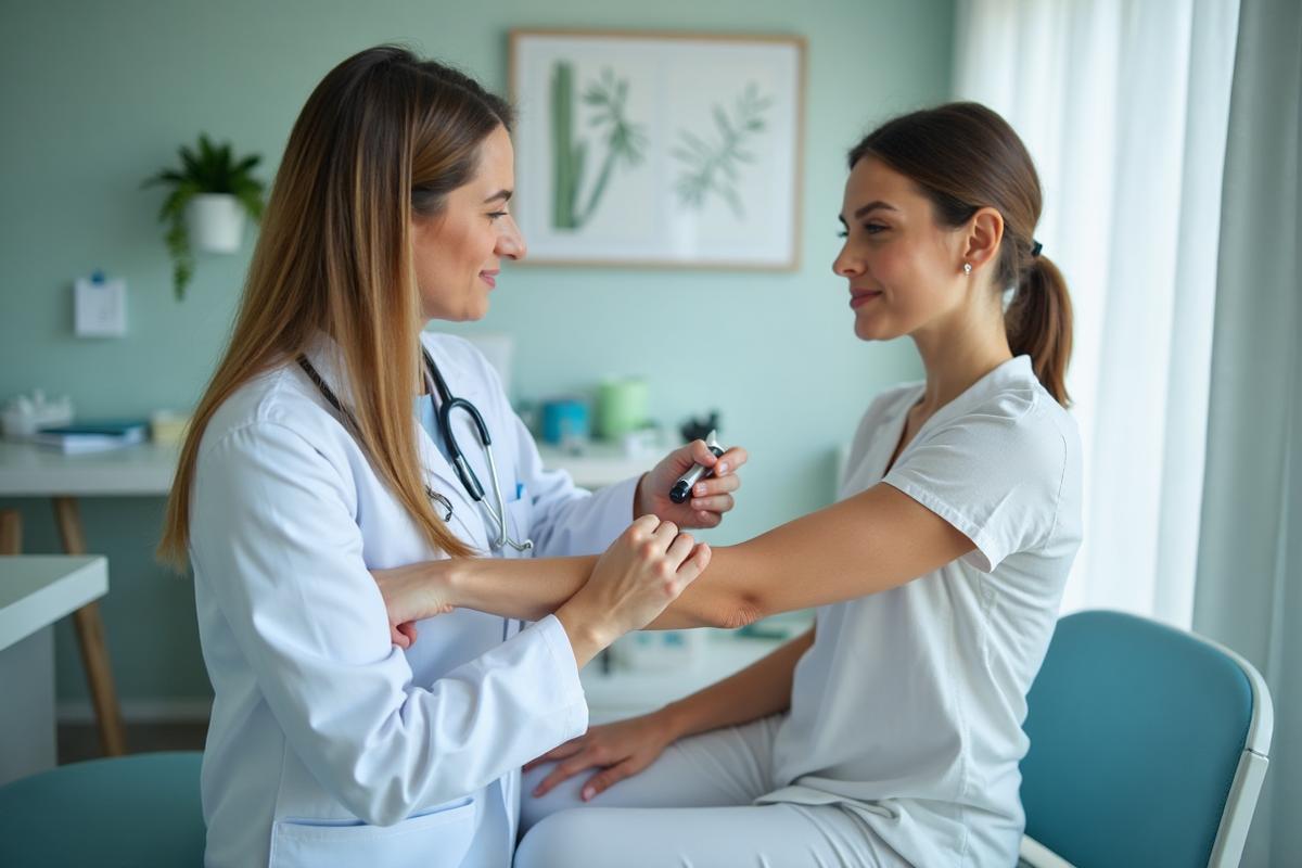 Dermatologist examining psoriasis patient at Paradise Medical Center